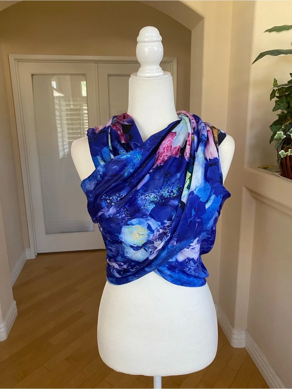 Silk Blue Floral Wrap Scarf Top